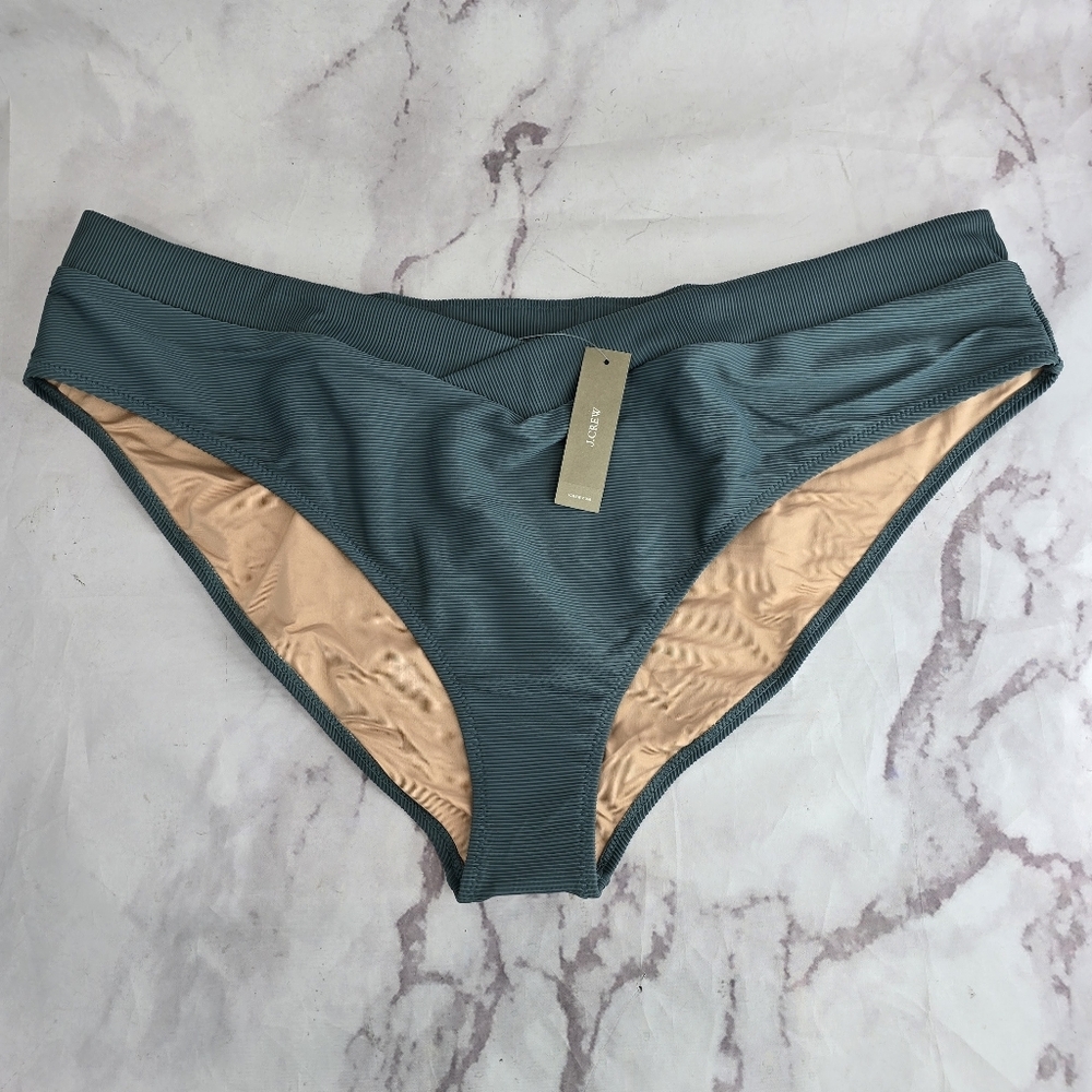 J Crew Swim Bottom 3X Green Ribbed Cross Front Bikini High Rise Cut Cheeky BE812
